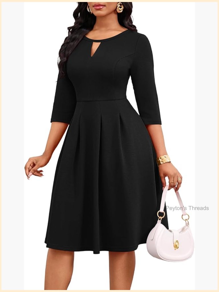 Elegant Vintage Swing Midi Dress With Pockets 3/4 Sleeve Keyhole Casual Work